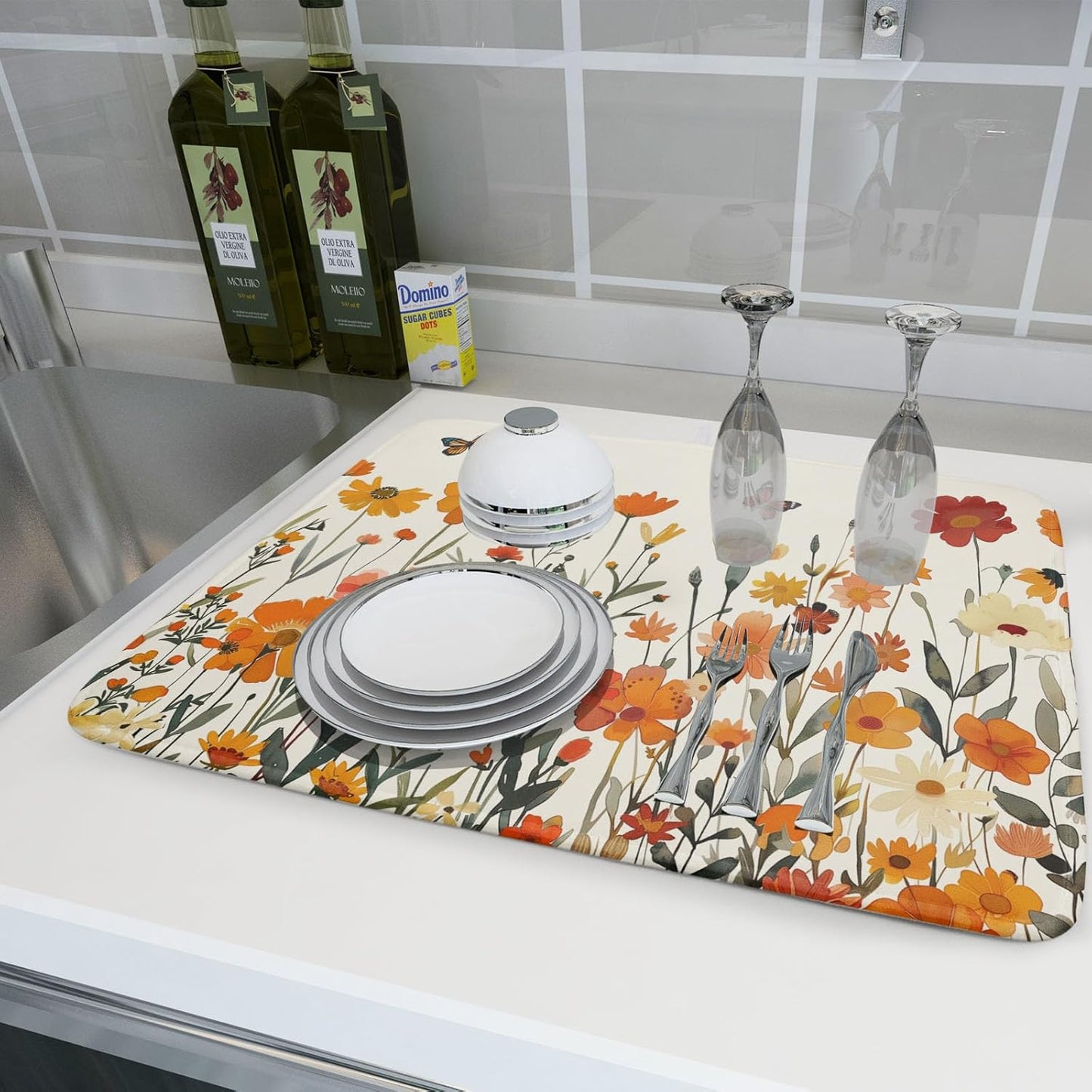 Fall Orange Wildflower Dish Drying Mat for Kitchen Counter,Autumn Floral Butterflies Drying Mat 18 x 24 Inch with Absorbent Reversible Microfiber Dish Drying Pad Dish Pad for Coffee Bar