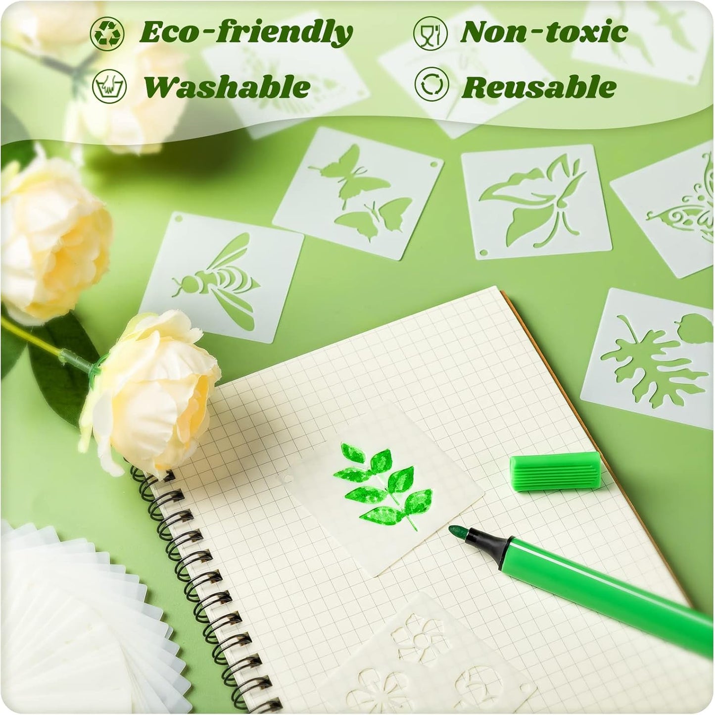 100 Pcs Stencils for Painting on Wood Reusable Stencil Crafts Drawing Templates Holiday Wall Paper for DIY Scrapbook Home 2 x 2 Inch(Flower, Plants)