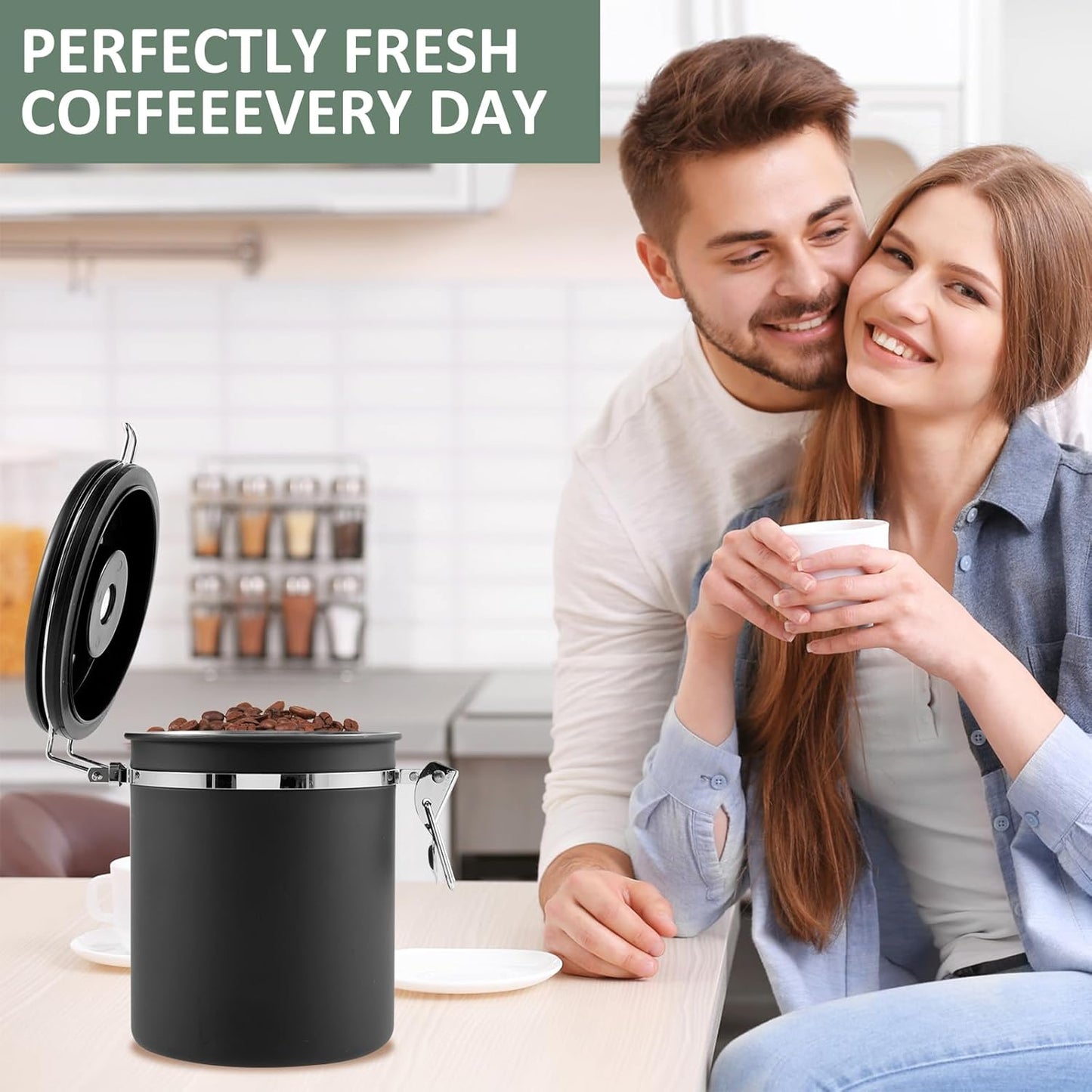 4PCS Coffee Storage Canister 1.5L Double Airtight Coffee Beans Container with Date Locator 304 Stainless Steel Kitchen Food Storage Container with Spoon for Tea Sugar,Black