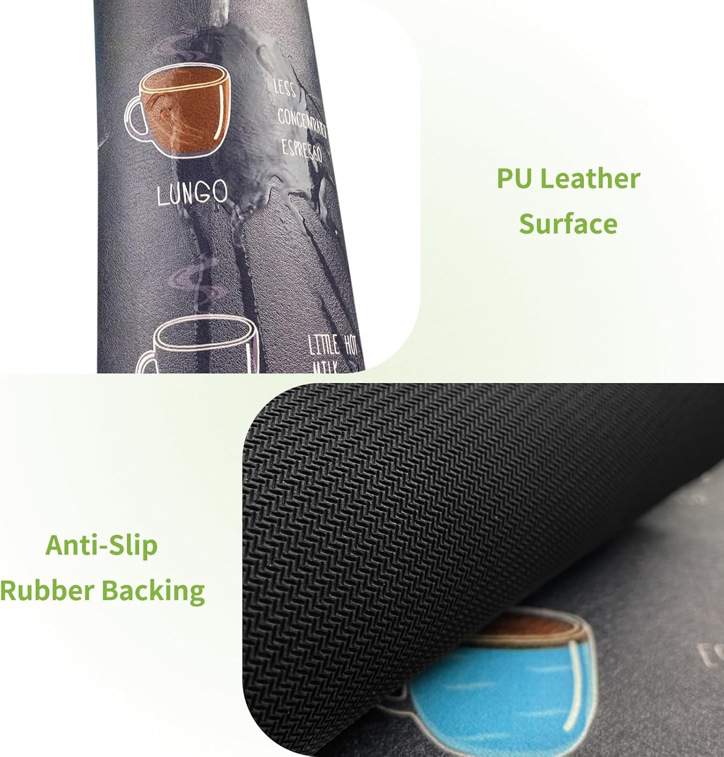 Matace Designer Coffee Bar Mat, Small 12 x 19 Inches, Rubber Backing, Absorbent Coffee Maker Mats for Dish Drying, Kitchen Countertop, Heat Resistant, Coffee Flavor Menu, Black