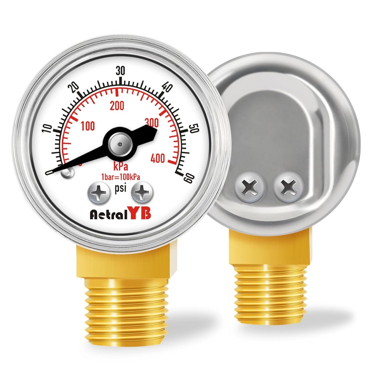 1-Inch Mini Pressure Gauge, 0-60 PSI / 0-400 kPa, Dual-Scale Dial, 1/8” NPT Bottom Mount, Stainless Steel Gauge for Coffee Machines, Motorboats, Water Pumps, and Pneumatic Tools