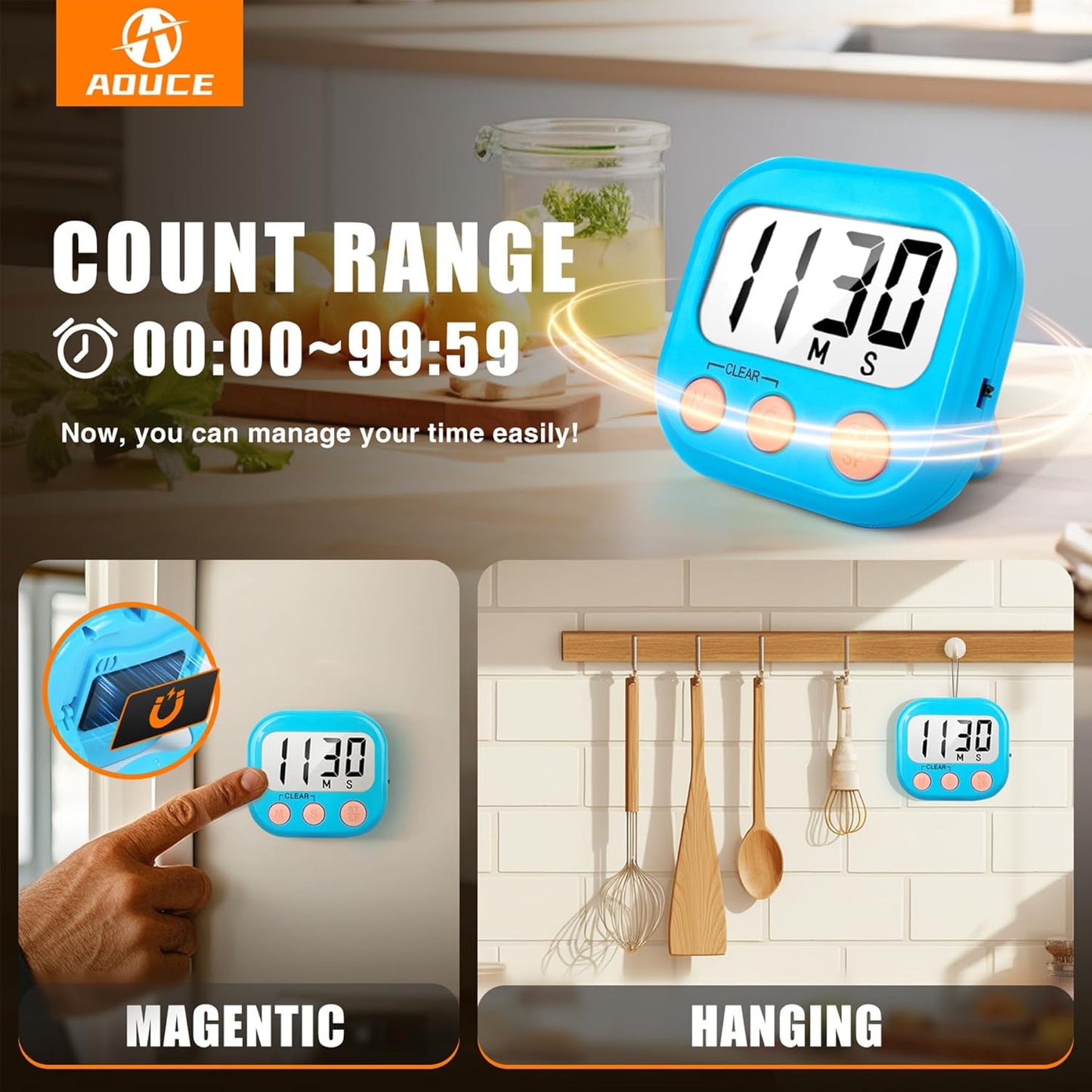 2 Pack Kitchen Timers Loud Ring Digital Timers for Cooking Magnetic Blue