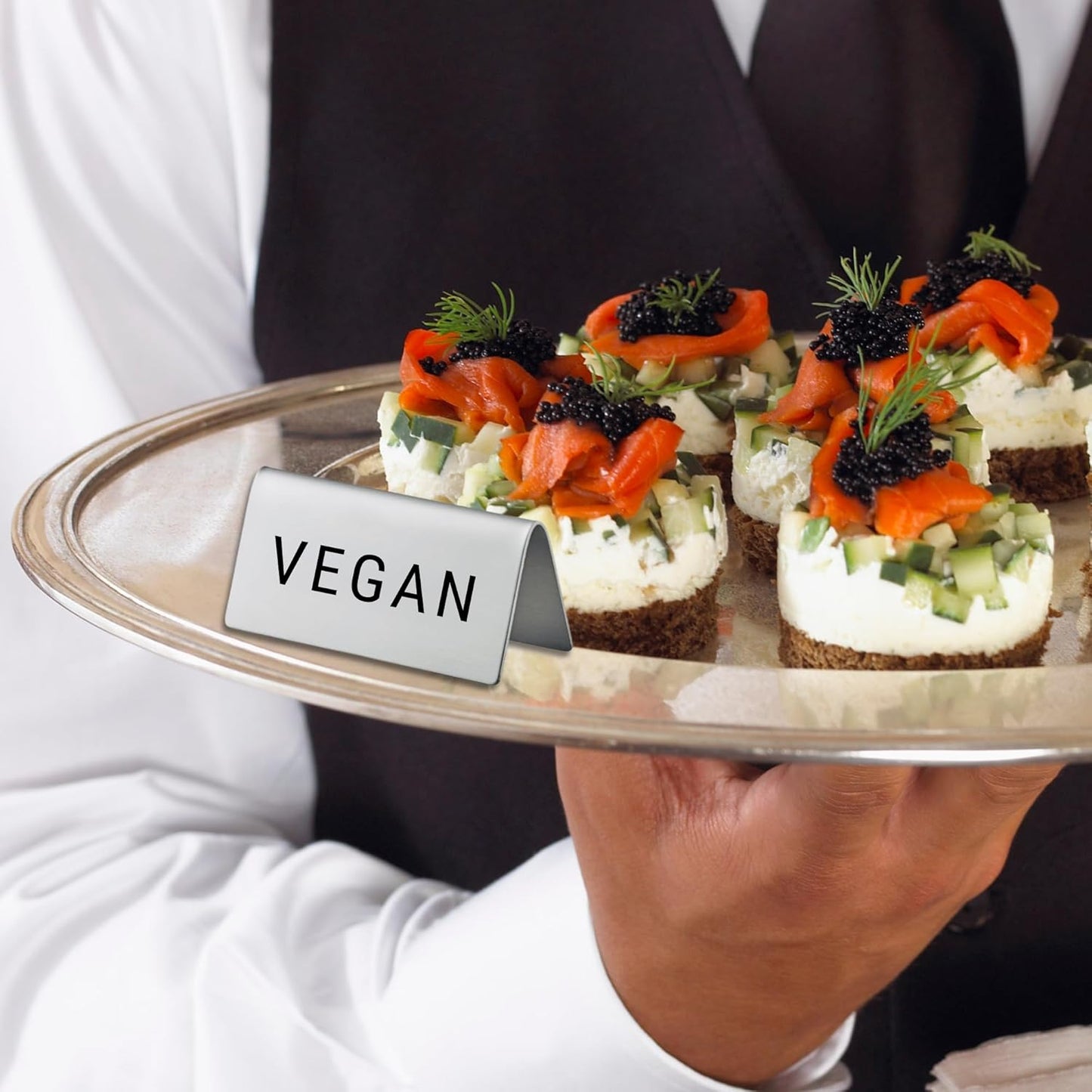 Vegan Stainless Steel Metal Table Tent Sign - 3" x 1-1/2" - Table Top Setting for Restaurants, Catering Businesses, Business. Great for Wedding, Banquet, Buffet, Party, Events. To Label Food Areas for Special Dietary Needs-12 PK