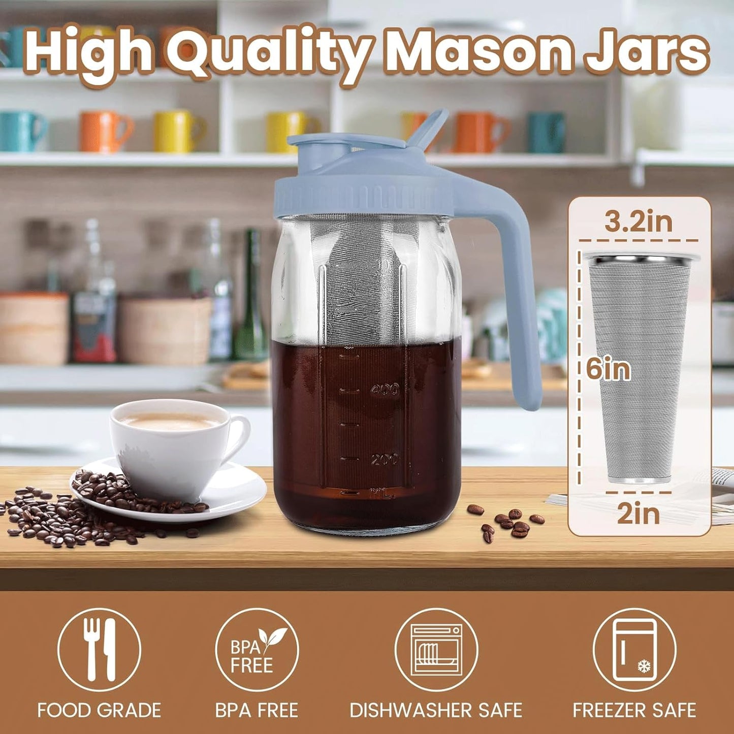 Cold Brew Coffee Maker,32 oz Mason Jar Pitcher with Stainless Steel Filter, Pour Spout Handle Lid, Heavy Duty Glass Airtight & Leak-Proof Pitcher for iced coffee Tea Lemonade-Gray