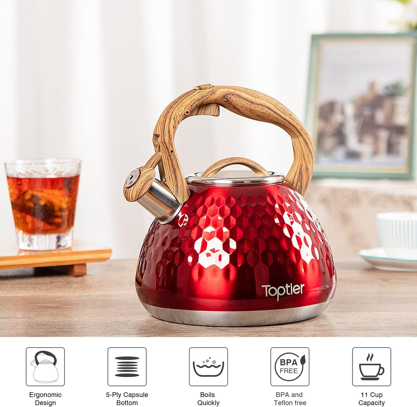 Tea Kettle, Toptier Teapot Whistling Kettle with Wood Pattern Handle Loud Whistle, Food Grade Stainless Steel Tea Pot for Stovetops Induction Diamond Design Water Kettle, 2.7-Quart Red