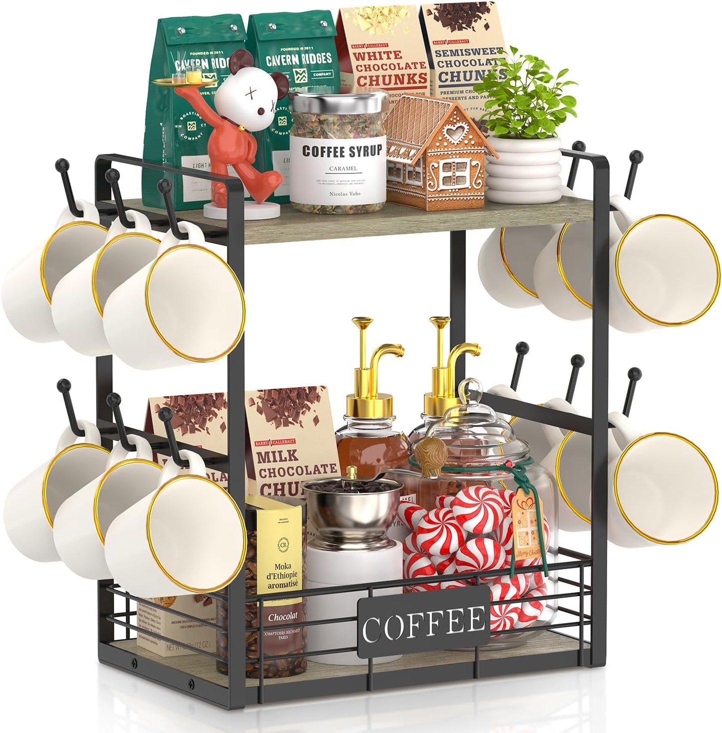 EsLuker.ly Coffee Mug Cup Holder Stand Bar Station Organizer for Countertop, Multi-Functional 2 Tier Mug Tree Rack for Kitchen, Storage Shelf with 12 Hooks, Grey Oak-Black(Patented Design)