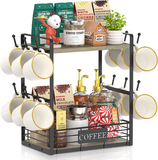 EsLuker.ly Coffee Mug Cup Holder Stand Bar Station Organizer for Countertop, Multi-Functional 2 Tier Mug Tree Rack for Kitchen, Storage Shelf with 12 Hooks, Grey Oak-Black(Patented Design)