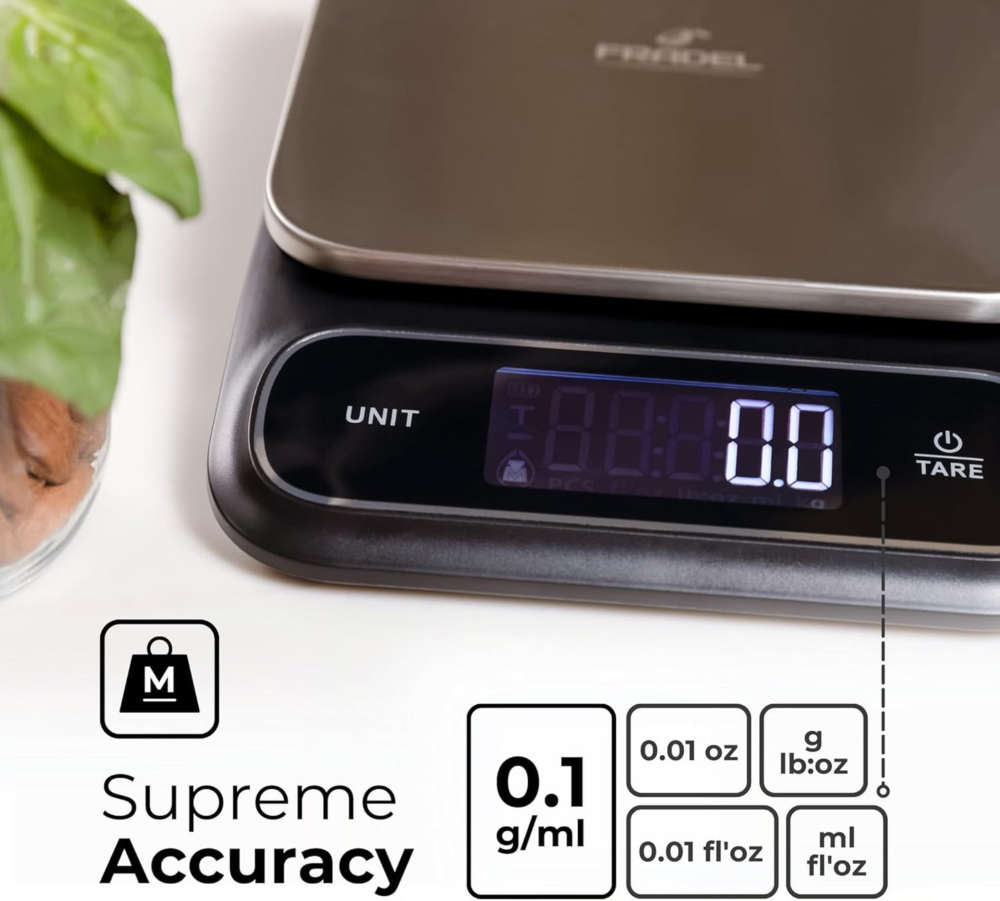 Fradel 0.1g Digital Kitchen Food Scale in Grams & Ounces - 11lb, for Cooking, Baking, Weight Loss - Square