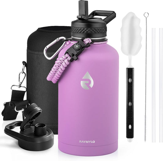 Insulated Water Bottle 64 oz, Triple Wall Vacuum Stainless Steel (Cold for 48 Hrs), Leak Proof & Non-BPA, Half Gallon Water Flask Jug with Paracord Handle & Straw Spout Lids, Lilac