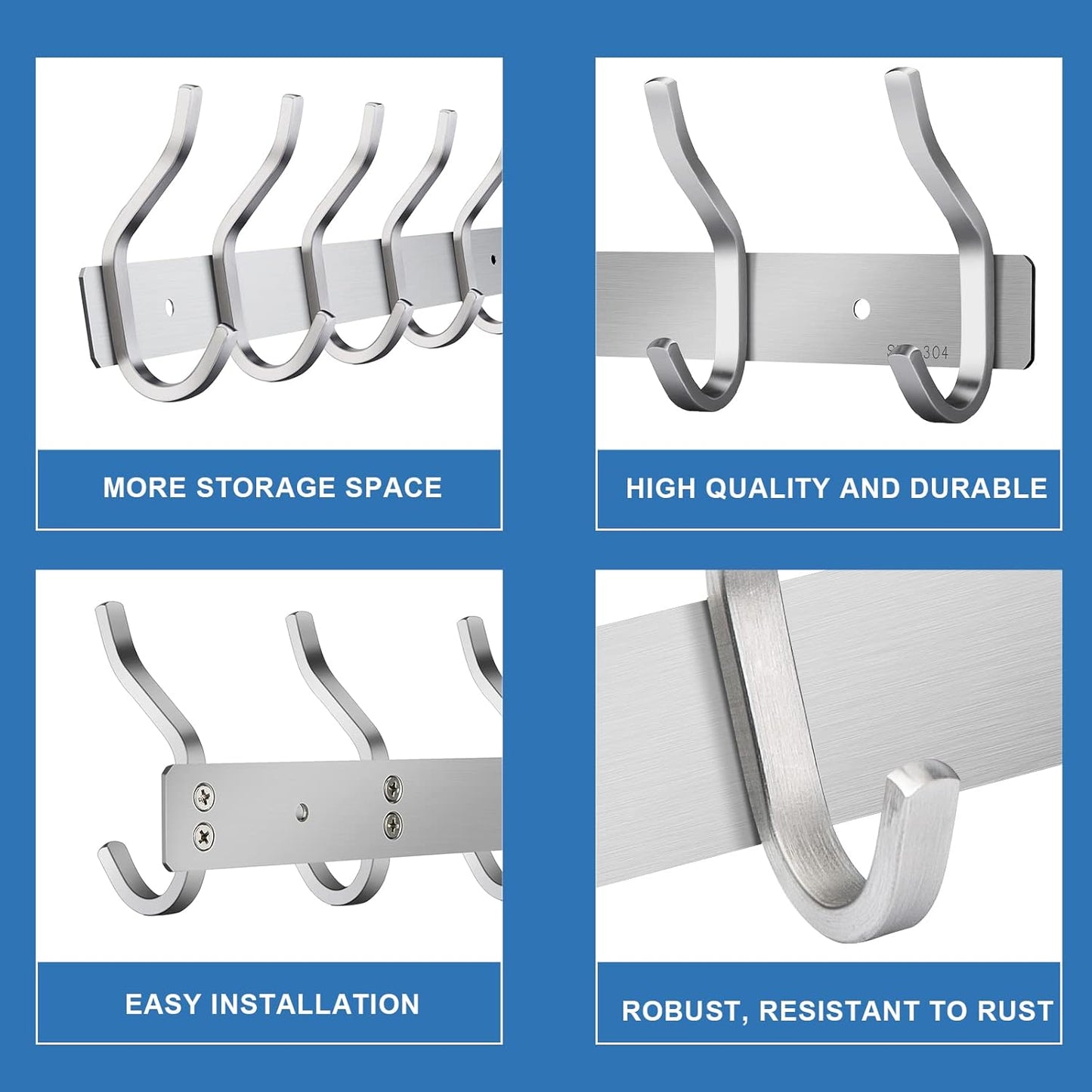 Wall Hooks Heavy Duty, 23 Inch Coat Rack Wall Mount with 8 Hooks, Silver Wall Hooks Hangers for Entryway, Bathroom - for Hanging Backpack, Bag, Coat, Purse, Hat, Towel, Clothes,2 Packs