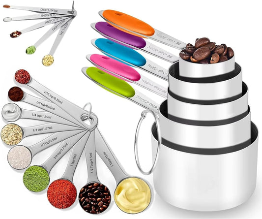 Stainless Steel Measuring Cups and Spoons Set of 19, 5 Measuring Cups with Colored Silicone Handles, 9 Nesting Spoons, 5 Mini Spoons, Kitchen Gadgets for Cooking & Baking, Dry and Liquid Ingredients