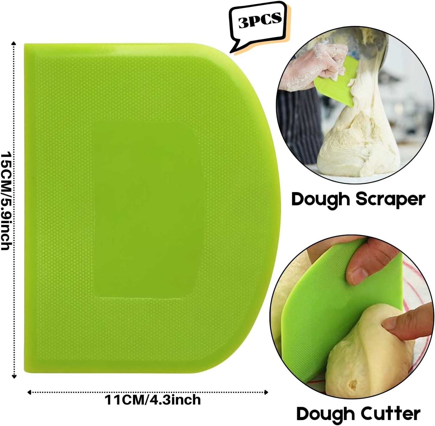 SURDOCA Dough Scraper Bench Scraper - 3P 5.9x4.3" Plastic Flexible Bowl Scraper, Sharp Edge & Angles Cake Scraper. Non-Slip Bakeware Decorating Tools Sculpting & Modeling Tools - Yellow+White+Blue