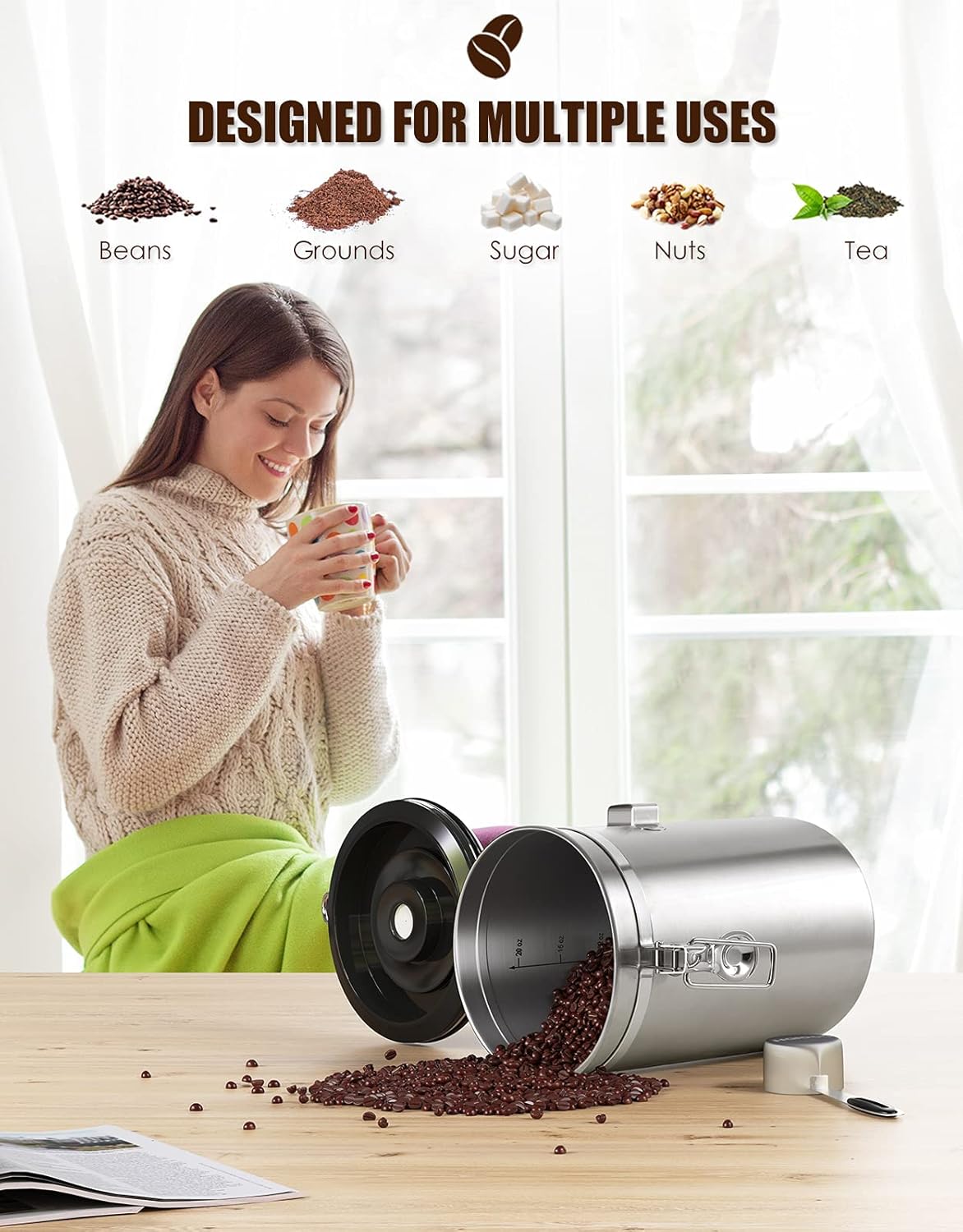 Airtight Coffee Canister, HAIOOU 22OZ Large Stainless Steel Coffee Bean Storage Container with Date Tracker, Measuring Scoop, 6Pcs CO2 Valves and Mini Tongs for Beans, Grounds, Sugar and more - Silver