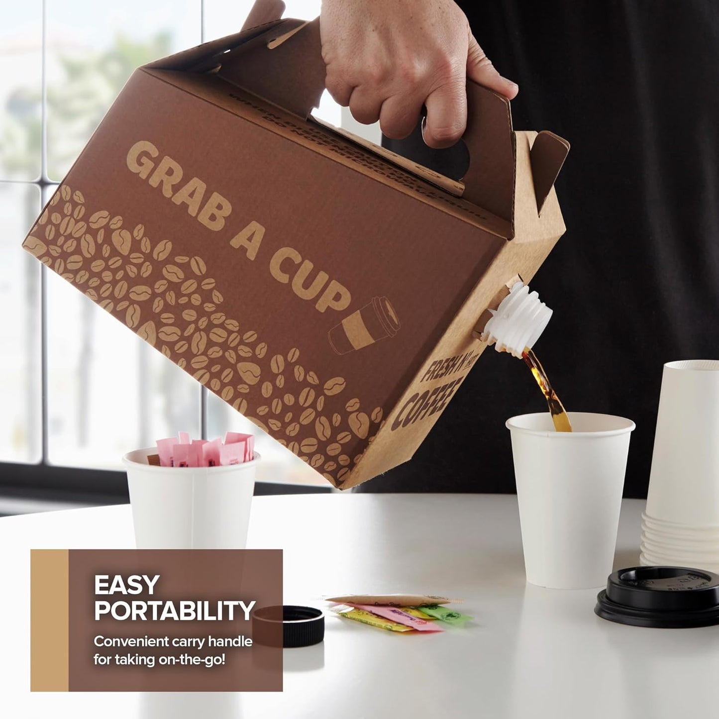 Stock Your Home (5 Pack) 96 oz Disposable Coffee Box Dispensers, Insulated Hot Cold Bulk Beverage Server Carafe, Coffee Carrier with Handle Take Out Containers, Cardboard Traveler To Go Boxes