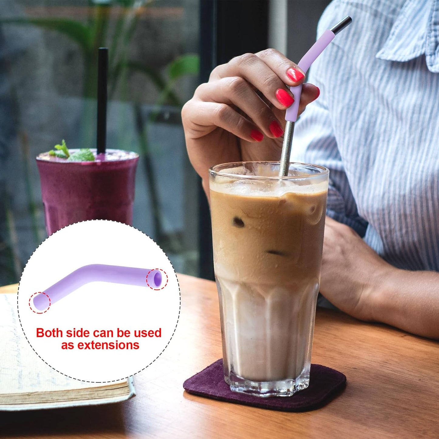 6Pcs Metal Straw Silicone Tips 5/16 IN Wide(8mm Outer Diameter) Food Grade Rubber Straw Covers Flex Elbow Straw Replacement Tip for Stainless Steel Metal Straws, light-purple