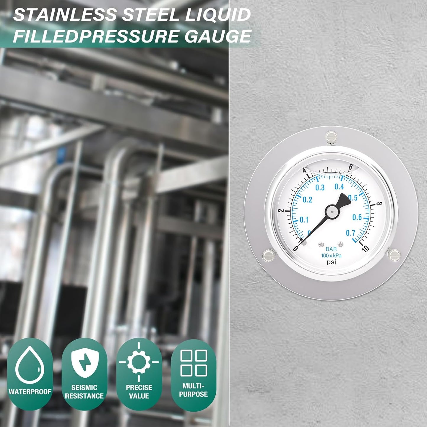 0-10PSI Panel Mount Front Flanged Glycerin Filled Pressure Gauge, 2.5" Dial Size, 1/4" MNPT Back Mount, Stainless Steel Case, with Phillips Screw and Nut, for Water, Gas, Liquid Pressure