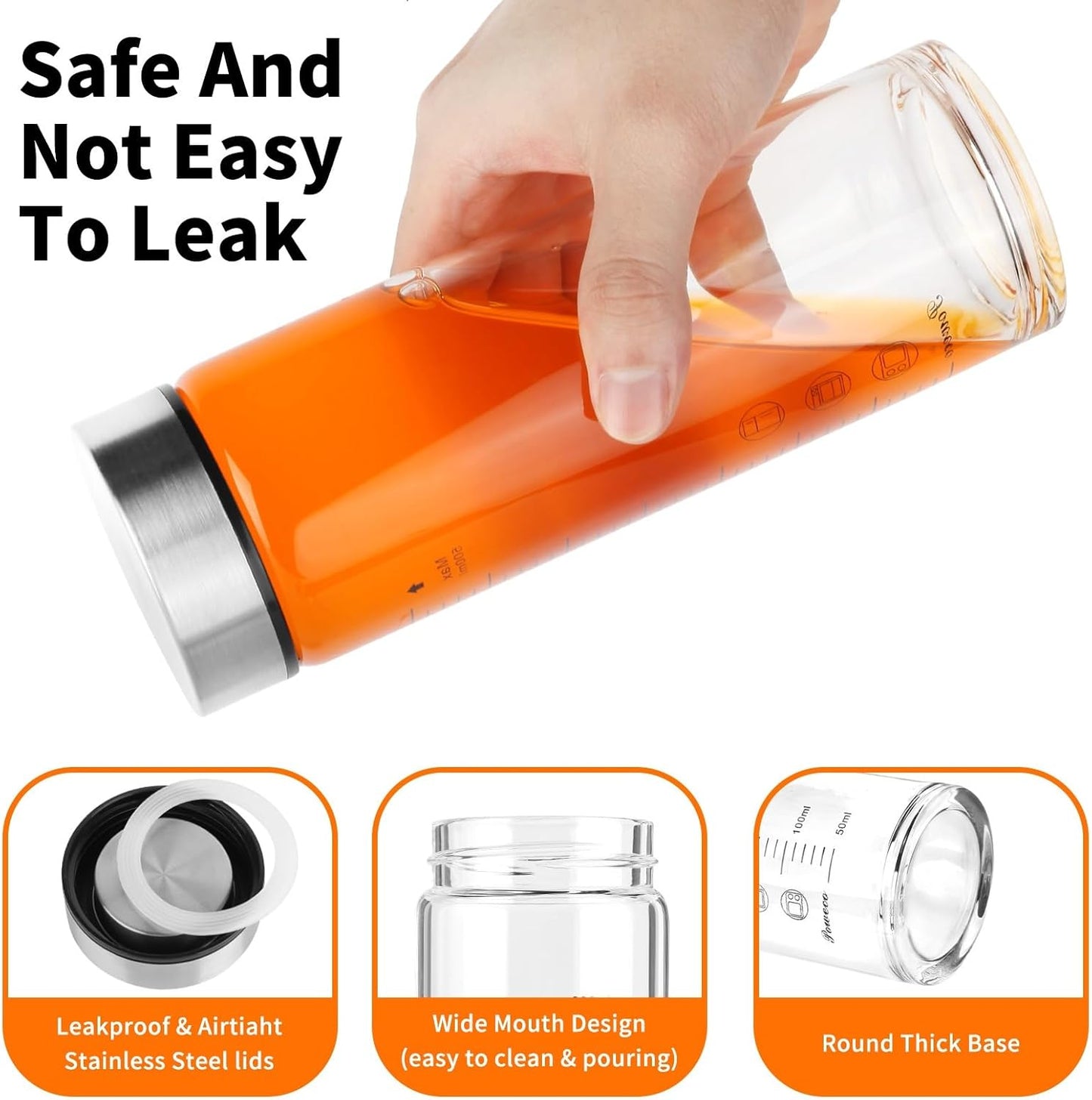 Glass Juice Bottles 4 Pack 12 oz - Wide Mouth Glass Water Bottles with Lids - for Juicing, Protein, Smoothie, Milk, Reusable, BPA Free, Stainless Steel Lids, Blender, Shaker Bottle (12oz/400ml)