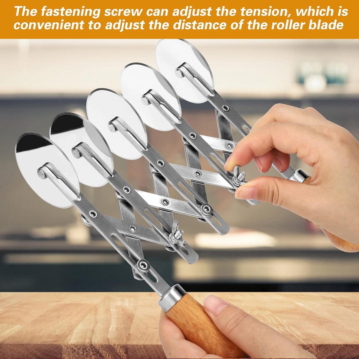 Juome 5 Wheel Pastry Cutter with Wooden Handle, Multi-Round Wheel Pasta Dough Cutter Roller Pizza Slicer Accordion Pastry Knife Divider Tool