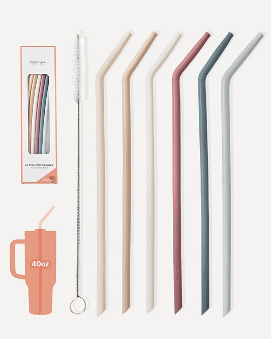 Nightingale 14” Silicone Tumbler Straws - Compatible with Stanley 40 oz cup - Reusable Flexible Long Bendy Drinking Straw with Cleaning Brush for Tall Tumblers - Food-Safe - Set of 6 Oak