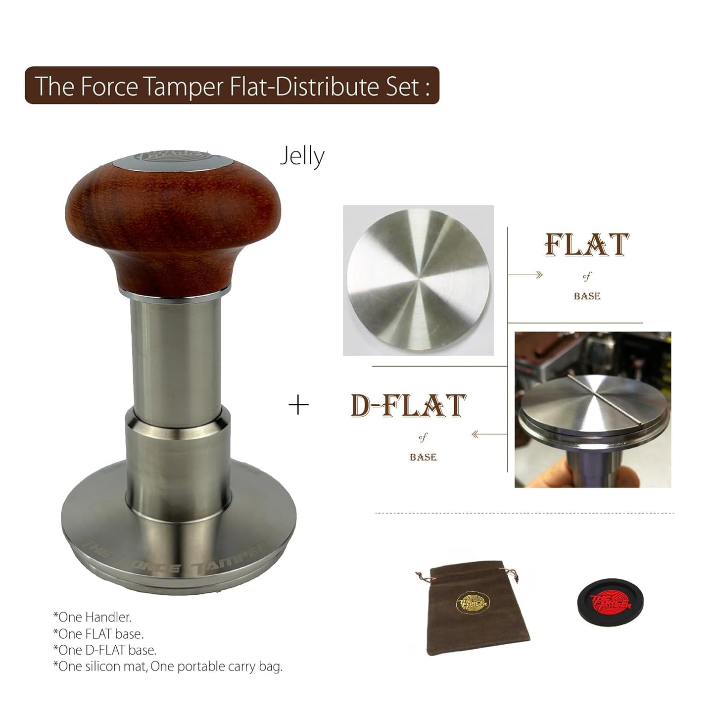 The Force Tamper Automatic Impact Adjustable Constant Pressure and Autoleveling Coffee Tamper Reddish Brown Jellyfish Wooden Handle Set Pro (Flat-Distribute Set, 53.00mm)