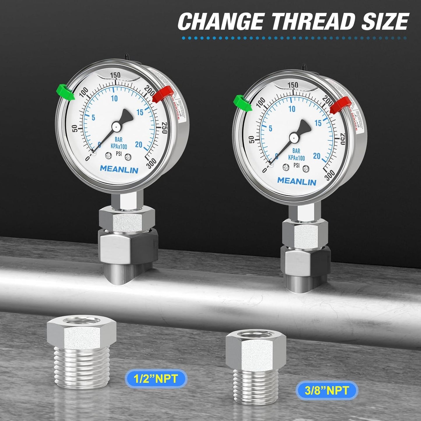 MEANLIN MEASURE 0~300Psi Stainless Steel Liquid Filled Pressure Gauge 2.5" FACE DIAL 1/4" NPT for Air Compressor Air Regulator Water Filter Lower Mount with Stainless Steel Hex Bushing and Snaps