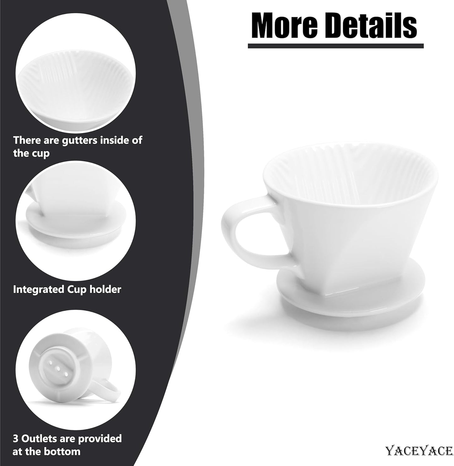 Pour Over Coffee Maker, Single White Ceramic Pour Over with 3 Holes, Medium Coffee Dripper for Shop, Home, Office and Bar