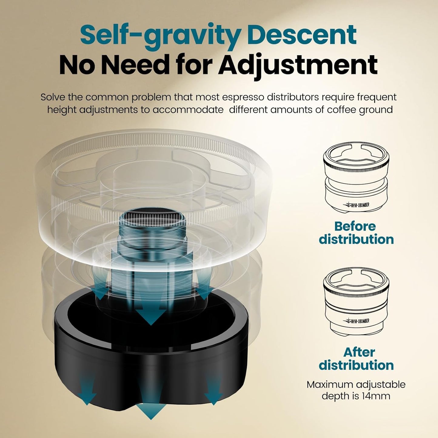 MHW-3BOMBER 51mm Coffee Distributor, Gravity Espresso Distribution Tool with Adaptive Height for Barista, Coffee Leveler for 51mm Portafilter, Black, Astra Distributor, T7019-OS