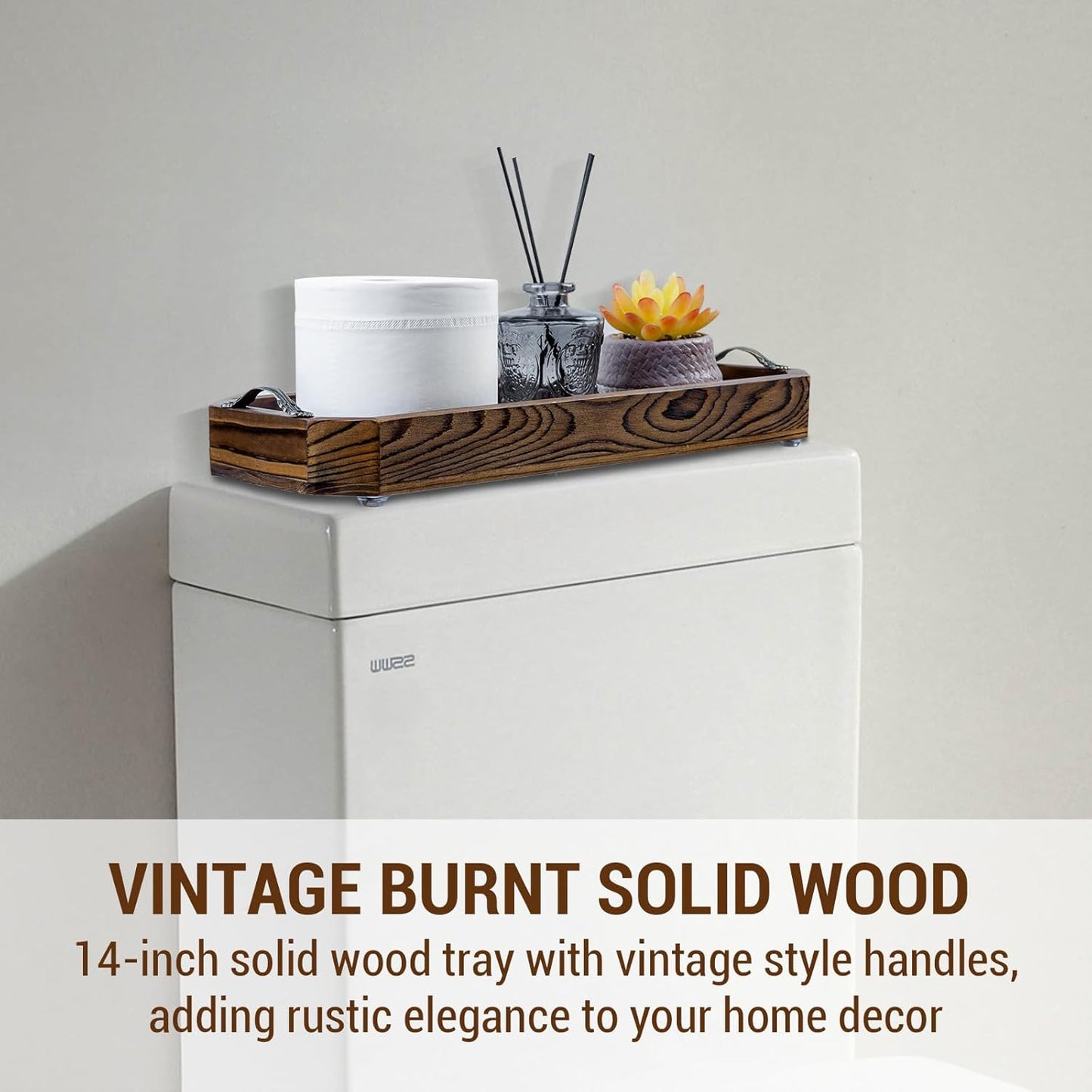 MyGift Wooden Vanity Tray, Rustic Burnt Solid Wood Toilet Tank Tray - Decorative Octagonal Cosmetic Organizer with Antique Metal Handles