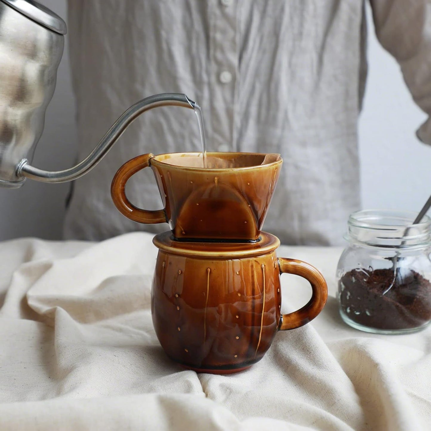 Asayu Japan Ceramic Coffee Pour Over Maker Set in Caramel, Slow Brewing Paper Filter Holder and Dripper with 3 Holes for Coffee and Tea (Complete 2PCS Set)