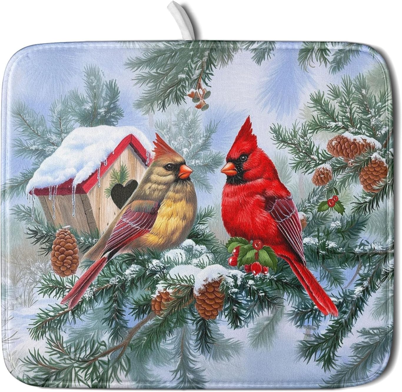 Winter Red Cardinal Bird Dish Drying Mat for Kitchen Counter,Holly Berry Branches Xmas Snowflake Cabin Drying Mat 16 x 18 Inch with High Absorbent Microfiber Drainer Mat for Coffee Bar