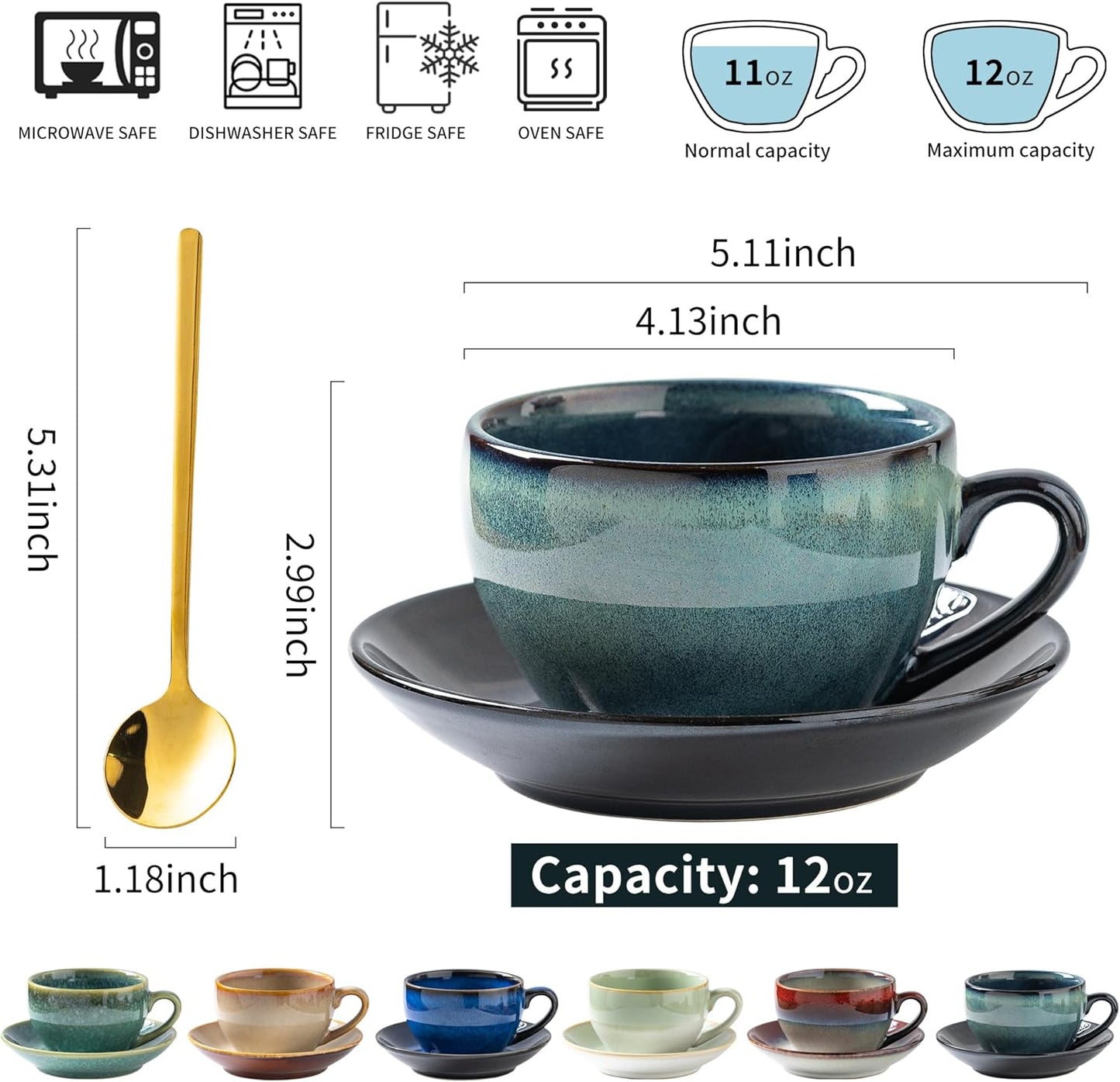 Porcelain Coffee Cup with Saucer Spoon, Vintage Design Ceramic Latte Art Cappuccino Barista Espresso Tea Cup with Saucer (11.6 oz, 350ml, Starry Blue)