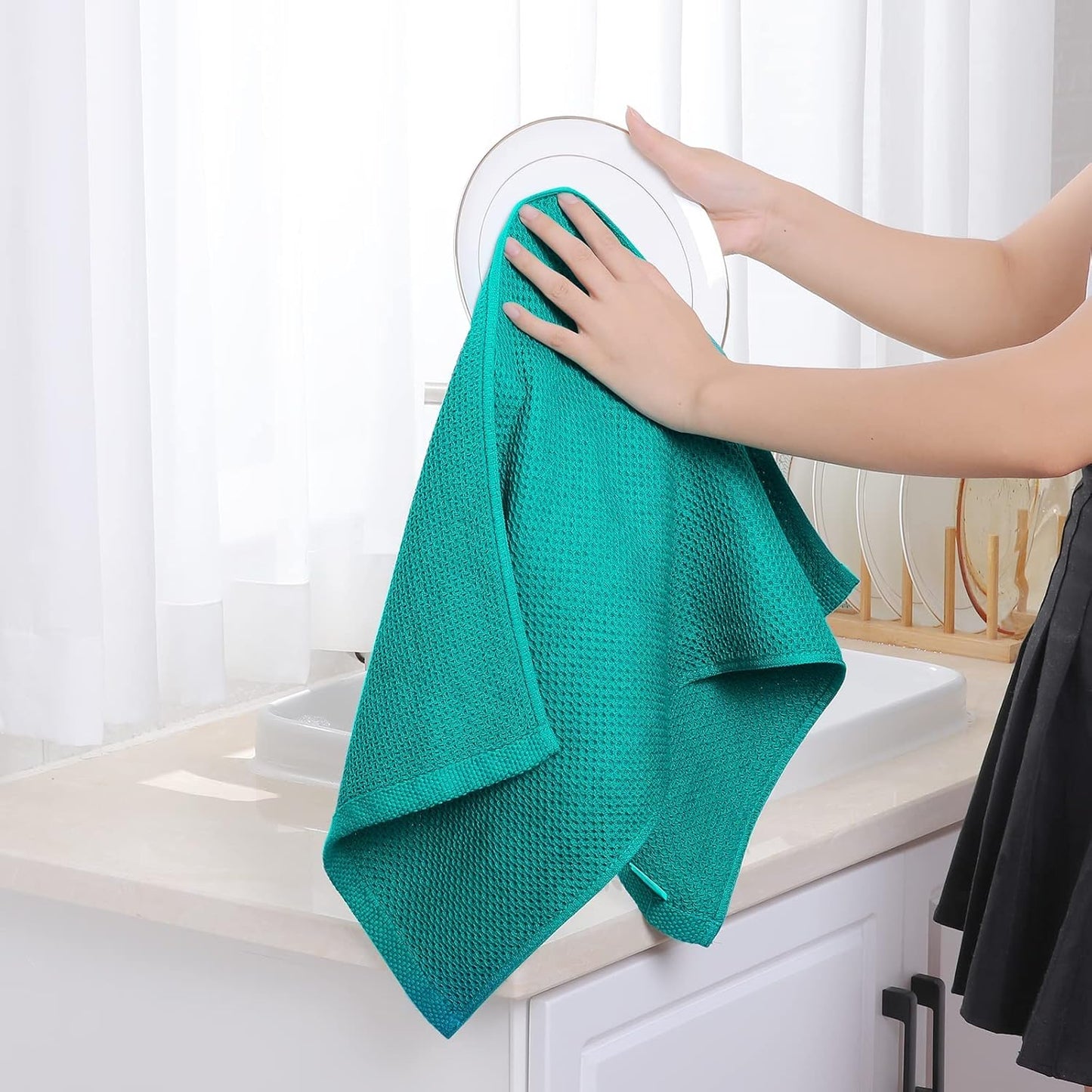 Homaxy 100% Cotton Waffle Weave Kitchen Dish Towels, Ultra Soft Absorbent Quick Drying Cleaning Towel, 13 x 28 Inches, 8-Pack, Teal