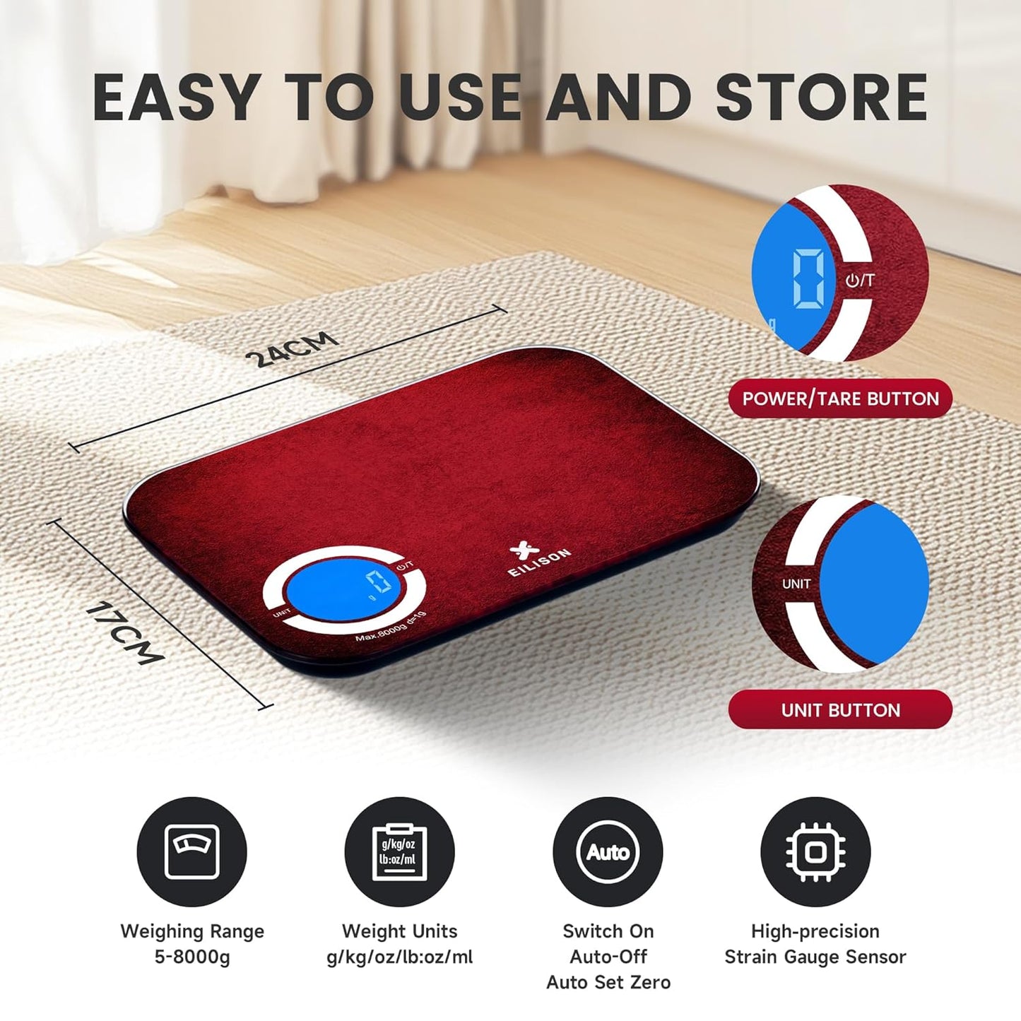 EILISON Smart Kitchen Food Scale with Bluetooth App, High-Precision Digital Food Scale for Baking, Cooking & Diet, 24 Nutrients with Macro Keto Calorie Cooking, Grams, 5g-8000g Capacity (Red)