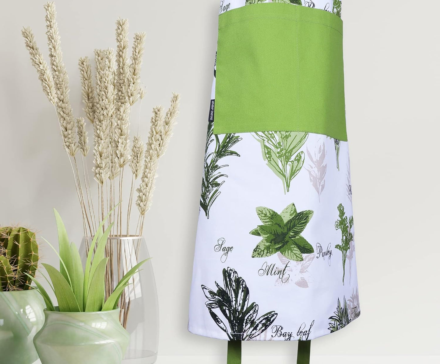AMOUR INFINI Aprons for Women Adjustable Strap with Waist Ties Aprons for Baking, Cooking, Gardening Cotton Washable, Reusable Spring Apron (27.5 x 33 Inches - Herb Garden)