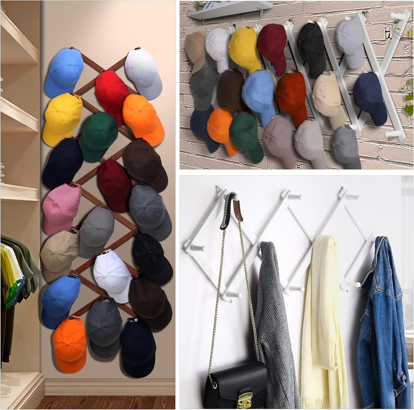 Dseap Accordian Wall Hanger: 16” High Wooden Wall Expandable Coat Rack, Hat Rack Holder, Accordion Hook for Baseball Caps, Coats, Mugs, 17 Peg Hooks, White