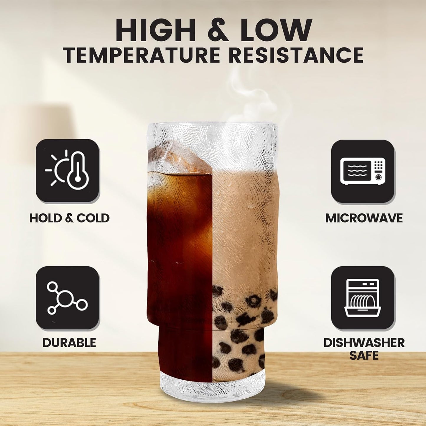 4 Pcs 11 oz Drinking Glasses Cups Set with Bamboo Lids Straws Brush Small Drinking Glassware Set for Juice Iced Coffee Cocktail Whiskey(Hobnail*4)