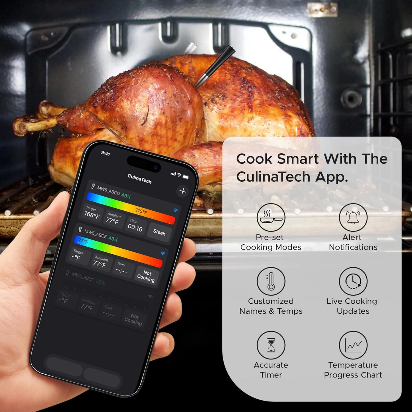 CulinaMeter One: 700FT Wireless Meat Thermometer with LCD Screen, Digital Cooking Food Thermometer for Beef Lamb Turkey, Dual Sensor Measures Internal & Ambient Temp