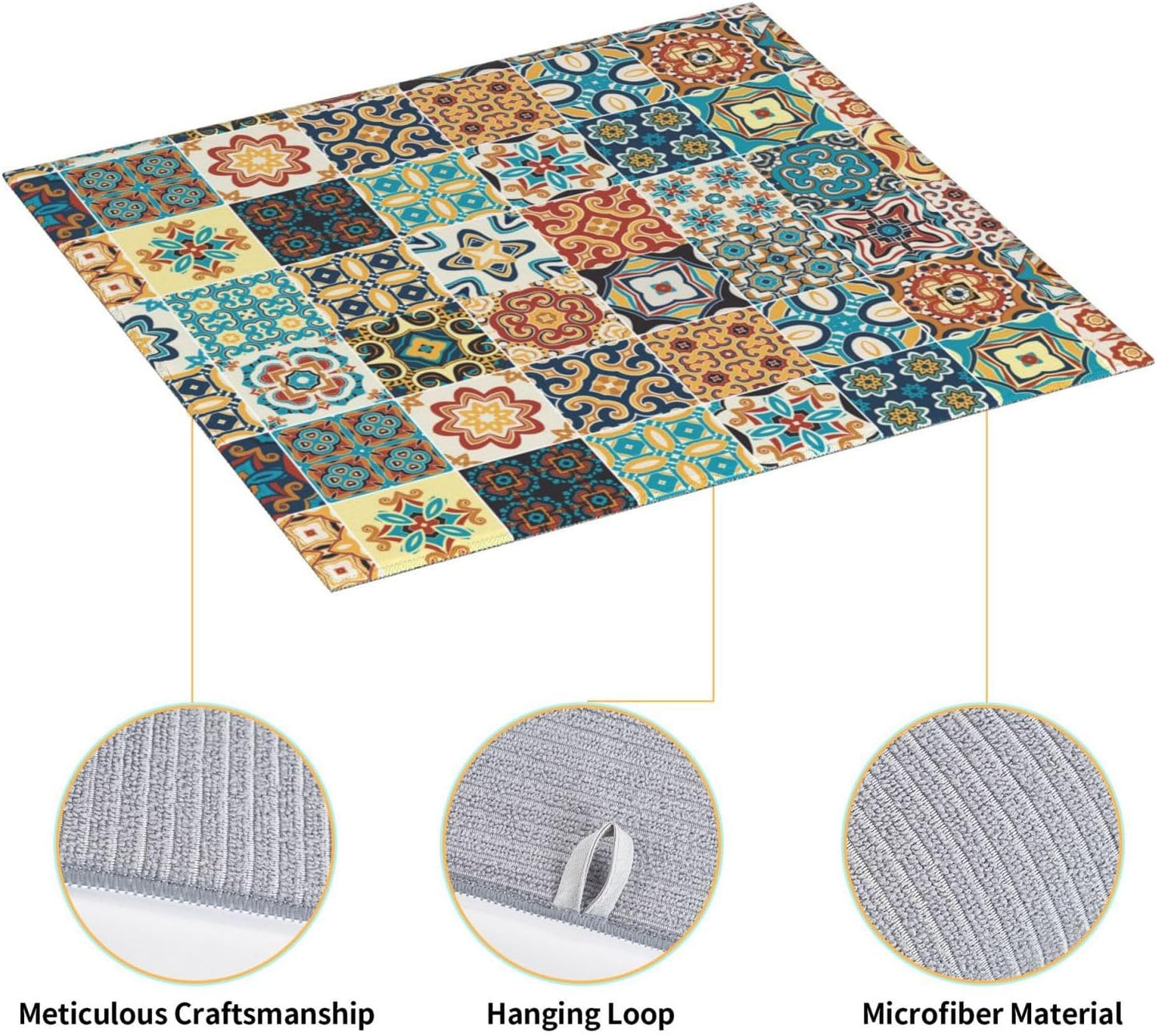 Traditional Multicolor Ornate Dish Drying Mat, Highly Absorbent Microfiber Kitchen Counter Pad Reusable Washable, 16*18"