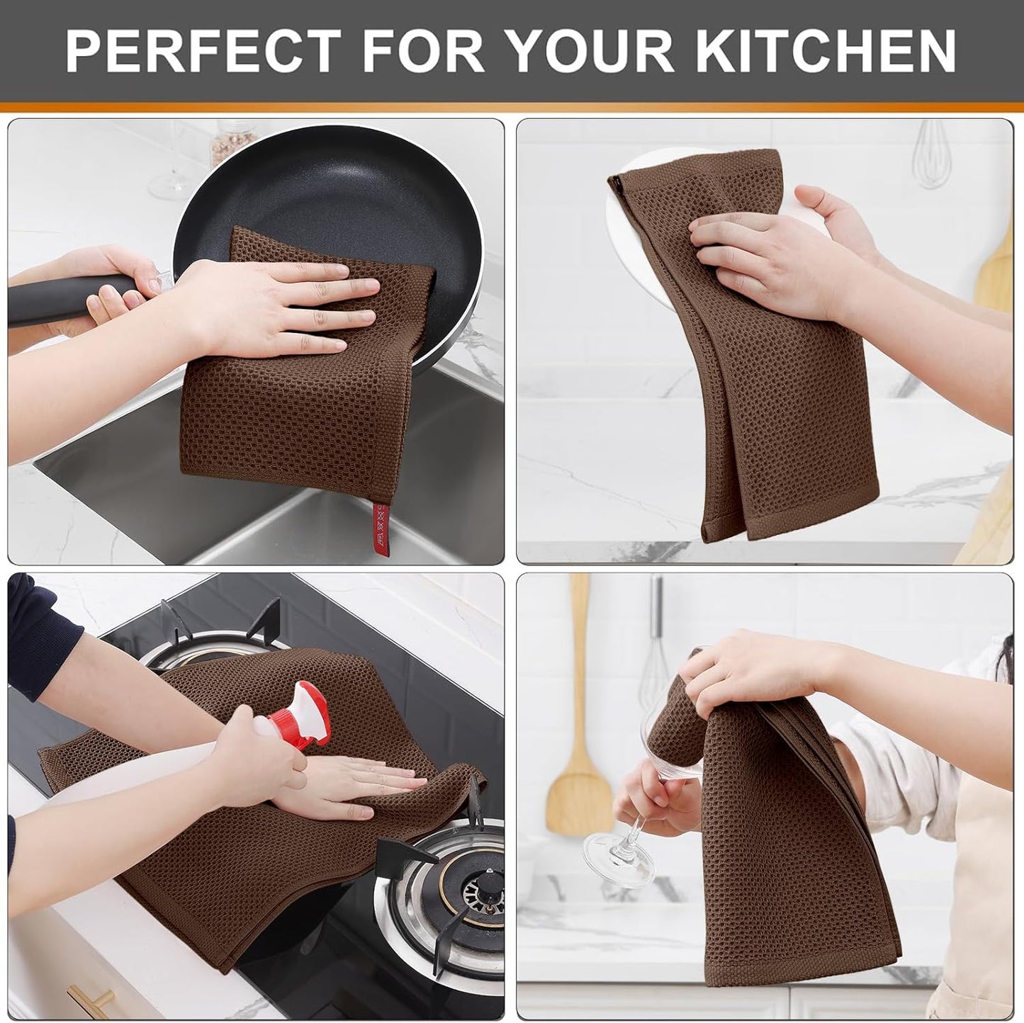 Kitinjoy 100% Cotton Waffle Weave Kitchen Towels (13 X 28 Inches, Coffee), 4-Pack Super Soft and Absorbent Dish Towel for Drying Dishes, Kitchen Hand Towels