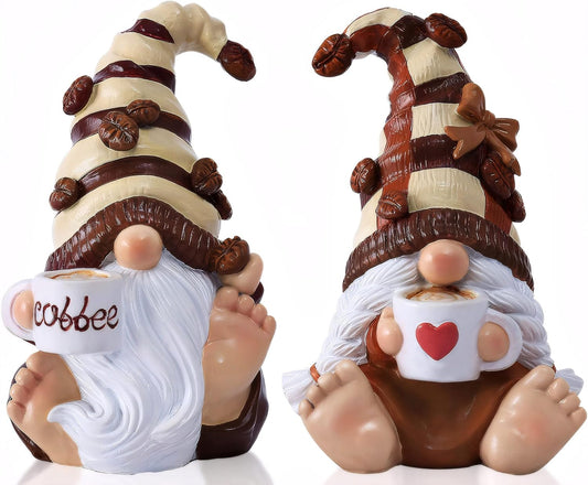 2PCS Coffee Gnomes Figurines Home Christmas Decoration Fall Gnomes Coffee Bar Accessories Decor Elfs Statue Cute Resin Housewarming Gifts for Women Tiered Tray Table Ornament,Sit 4.7H