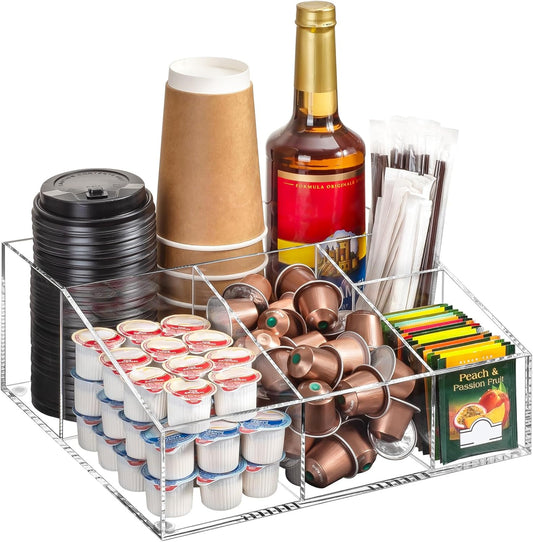 BEYGORM Acrylic Coffee Bar Station Organizer for Countertop,Office Breakroom Clear Snack Tea Storage Accessories Holder for Kcup Pod Condiment Cup Sugar Creamer Syrup, Coffee Gift for Coffee Lovers