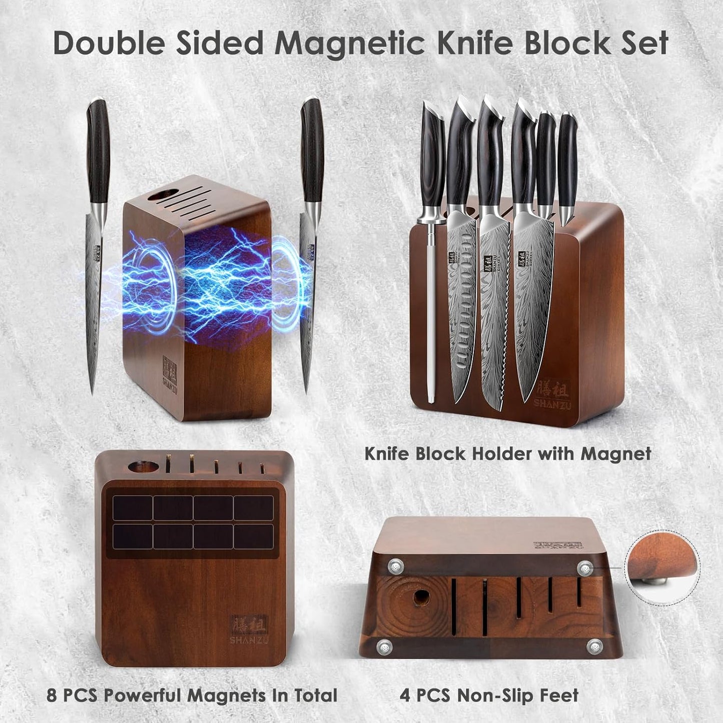 SHAN ZU Kitchen Knife Set with Double Sided Magnetic Knife Block, 7PCS Knives Block Sets in Powder Steel Ultra Sharp Japanese Knife Sets with Sharpening Steel Chef Knives Set with Pakkawood Handle