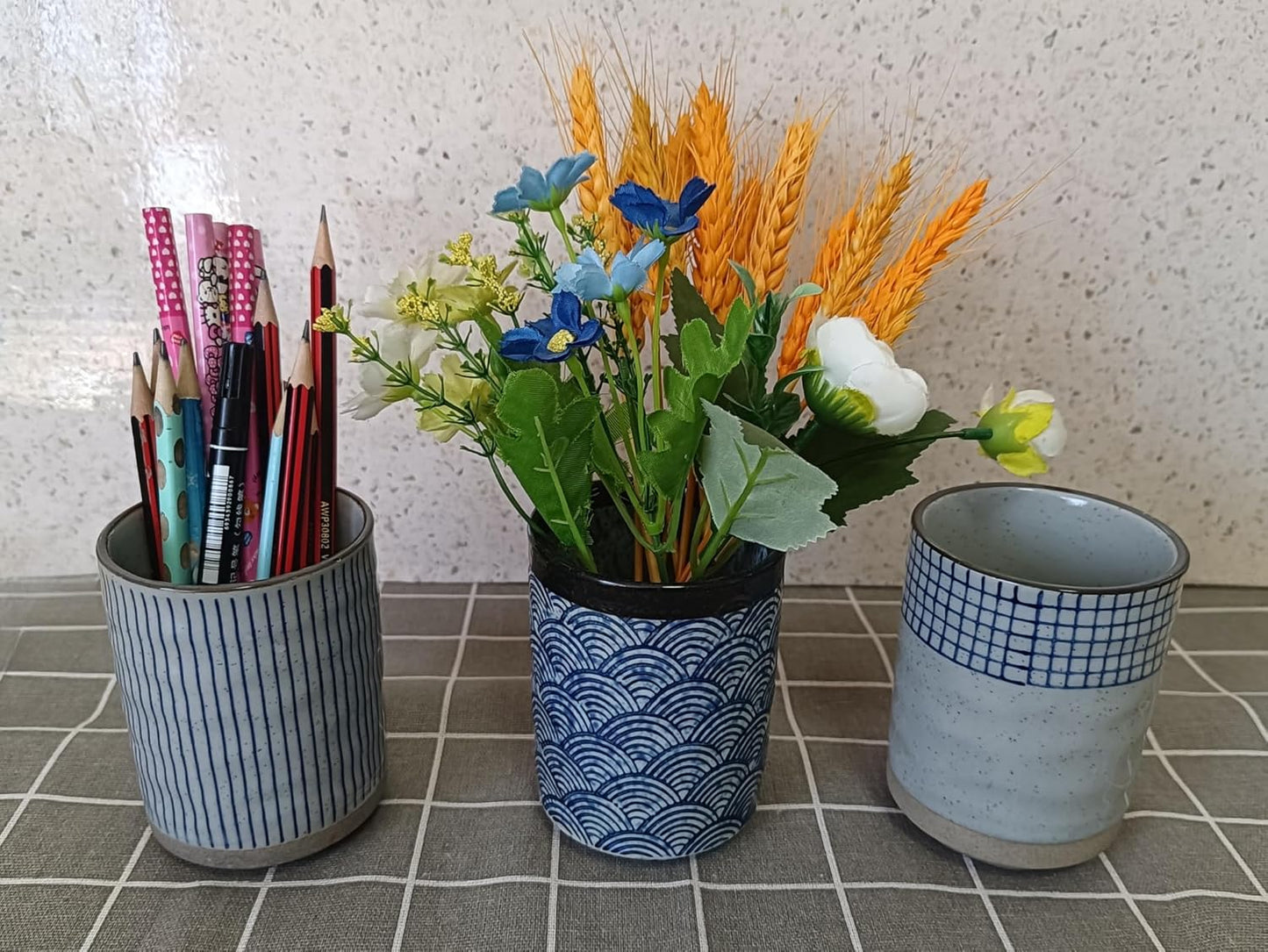 Stoneware Coffee Bar Utensil Holder Tea & Coffee Spoon & Stirrer Holder for Stir Stick Straw Teaspoon Holder Spoon Cup Small Utensil Jar (Blue Chequer)