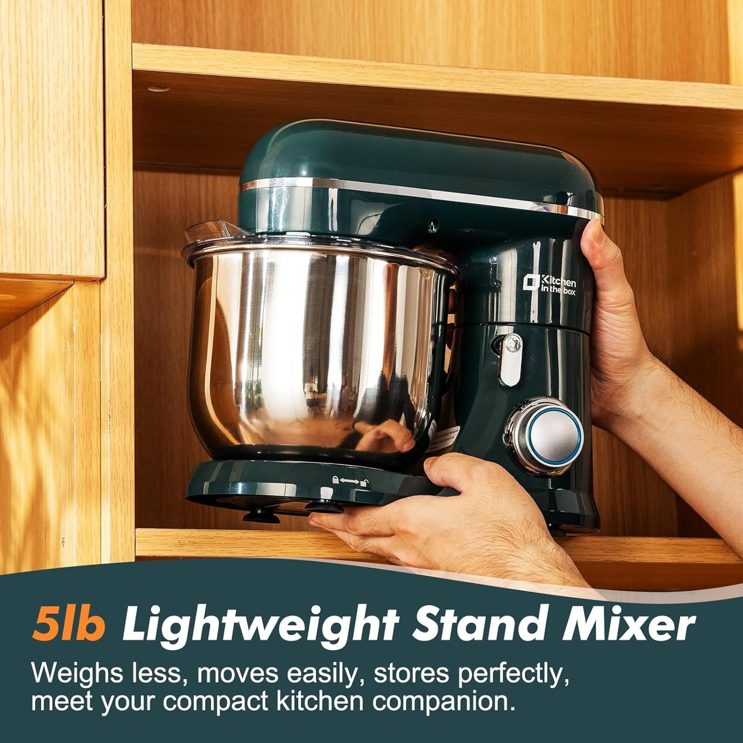 Kitchen in the Box Stand Mixer, 3.5 QT Small Electric Kitchen Mixer, 10-Speed Portable Lightweight Food Mixer with Stainless Steel Bowl, Egg Whisk, Dough Hook, Beater (Dark Green)