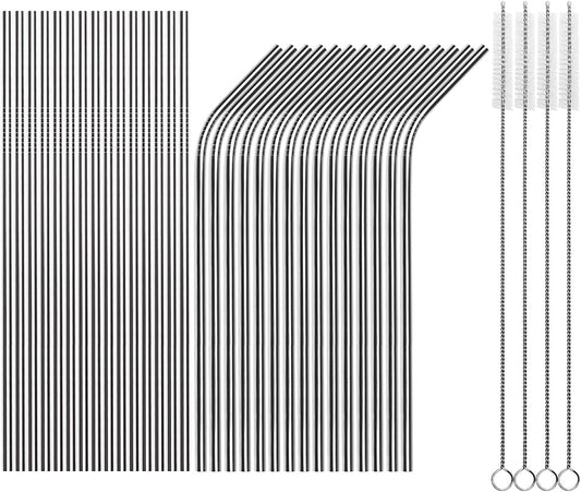 Tomorotec Reusable Straws 30 Pack, Stainless Steel Drinking Straws, Metal Straw Bulks for Smoothies Tumblers Cocktail MilkShake,Set of 15 Straight and 15 Bent with 2 Cleaning Brushes, Silver