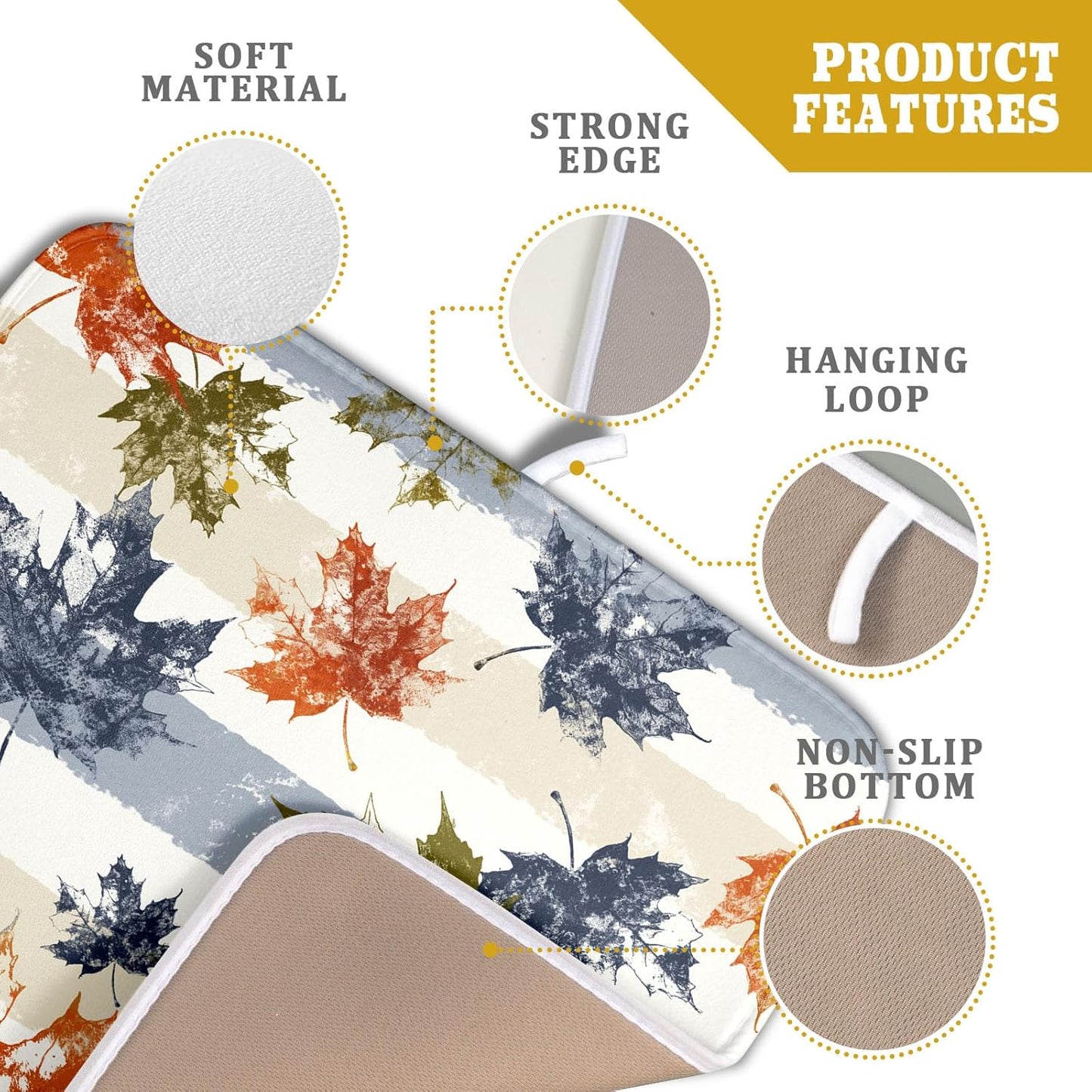 Autumn Colorful Maple Leaves Dish Drying Mat for Kitchen Counter,Blue and White Stripe Drying Mat 16 x 18 Inch with Absorbent Reversible Microfiber Dish Drying Pad Dish Rack Drainer Mat for Coffee Bar