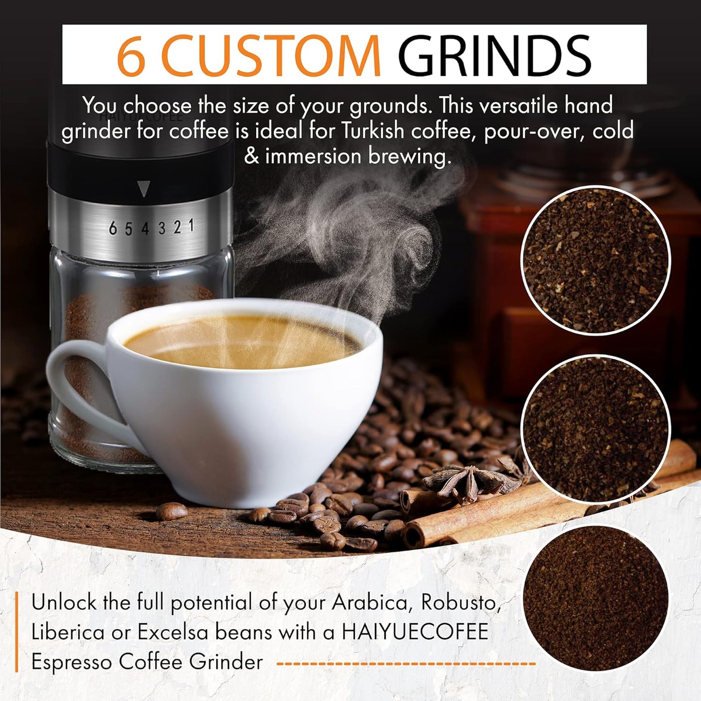 Manual Coffee Grinder with 6 Adjustable Coarseness Settings, Hand Crank Coffee Mill with Ceramic Burr for Espresso Beans, French Press, Pour Over, Drip Coffee – Rustproof, Non-Dulling