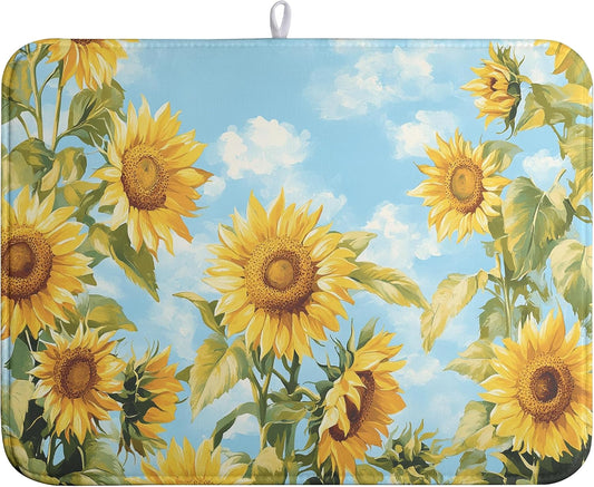 Summer Sunflower Dish Drying Mat for Kitchen Counter Watercolor Rustic Sunflowers Kitchen Dishes Dryer Pad Absorbent Matt Microfiber Washable Foldable Reusable Large 18x24 in