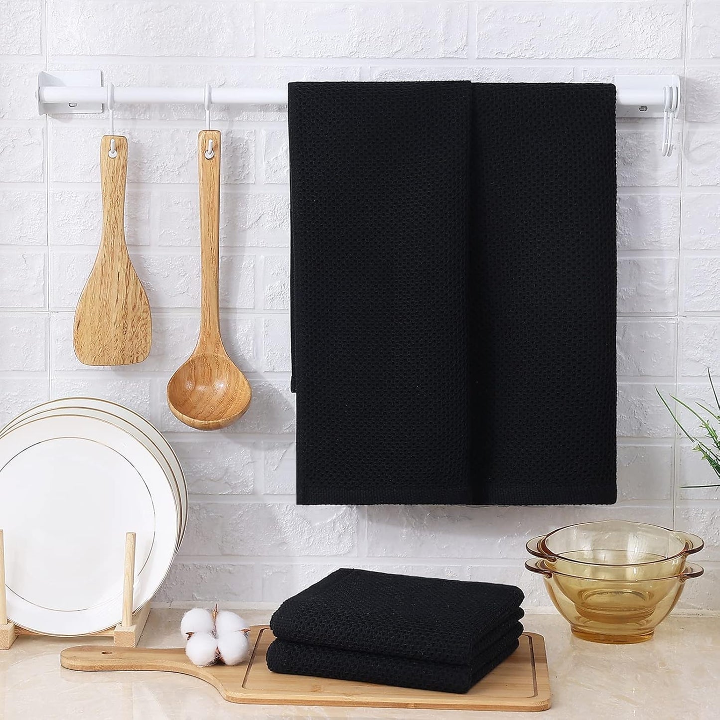 Kitinjoy 100% Cotton Waffle Weave Kitchen Towels, 6-Pack Super Soft and Absorbent Dish Towels for Drying Dishes, Kitchen Hand Towels, 13 in x 28 in, Black