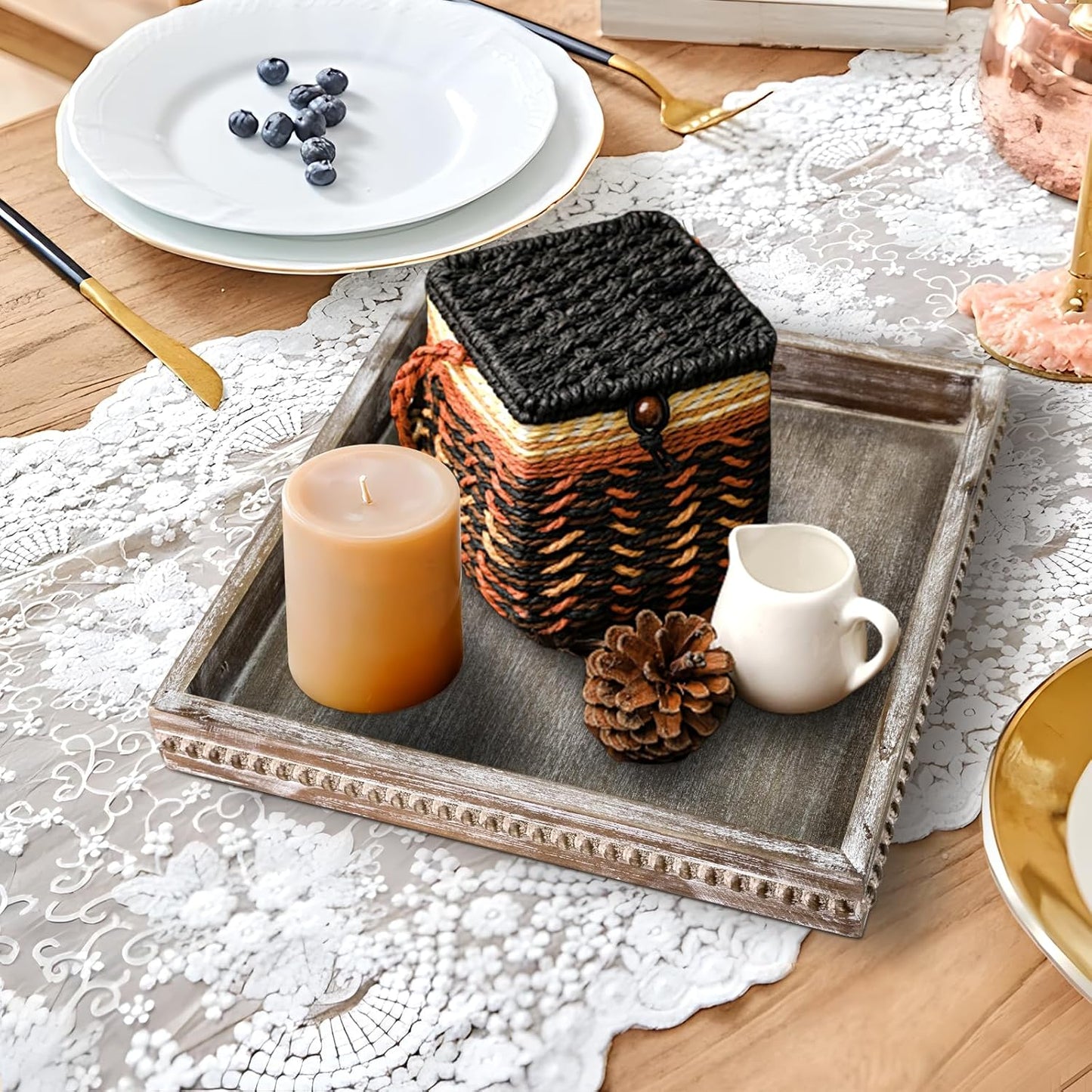 Wooden Decorative Tray, Small Serving Tray with Wood Bead, Farmhouse Big Tray for Ottoman, Countertop, Coffee Tabl, 13" x 13"x 1.6" (Retro Brown)